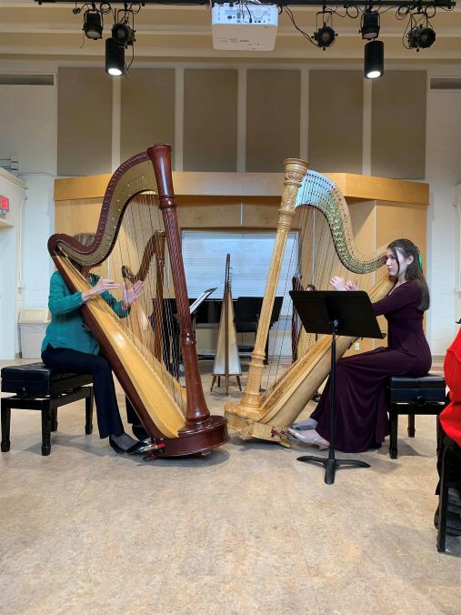 Two harpists performing together
